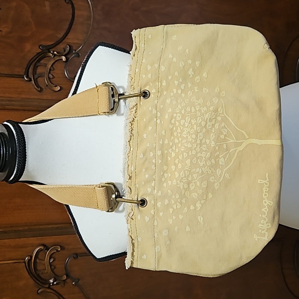 Life Is Good 100% Organic Cotton Purse Canvas Feel Tote Tree Leaves Hearts Tan